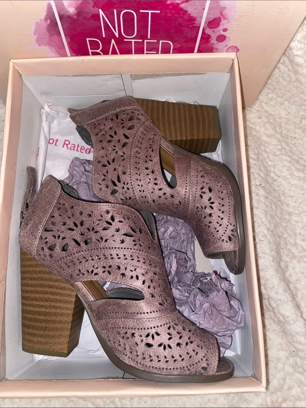 Not Rated Peep-Toe Laser-Cut Block Heel Booties in Brown/Grey - wore once